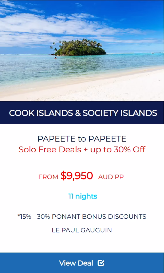 COOK ISLANDS & SOCIETY ISLANDS - PONANT SOLO CRUISE DEAL PORTFOLIO THUMBNAIL
